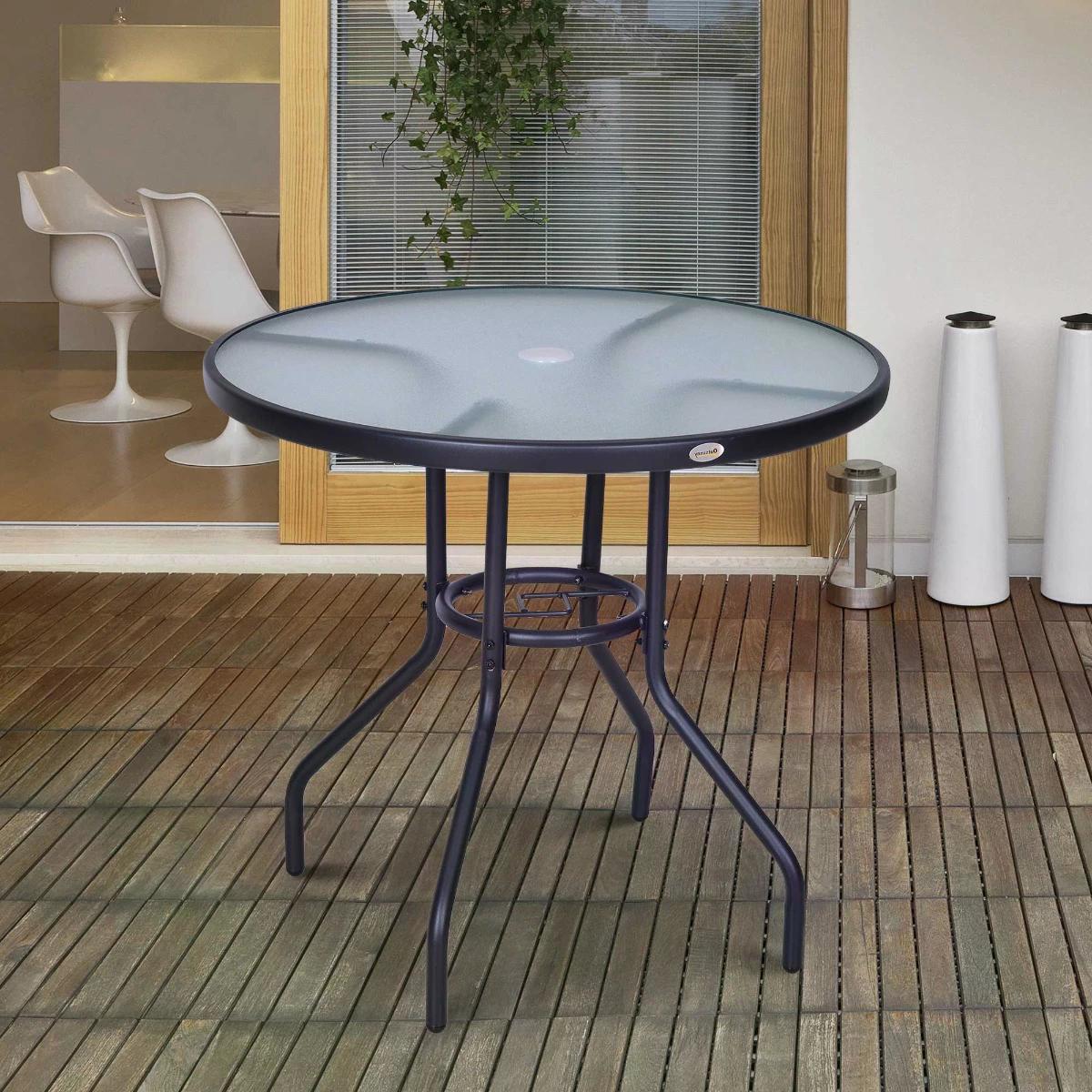 Outsunny Outdoor _80cm Round Dining Table Tempered Glass Top Steel Frame Bistro Coffee End Side Table Garden w/ Parasol Hole