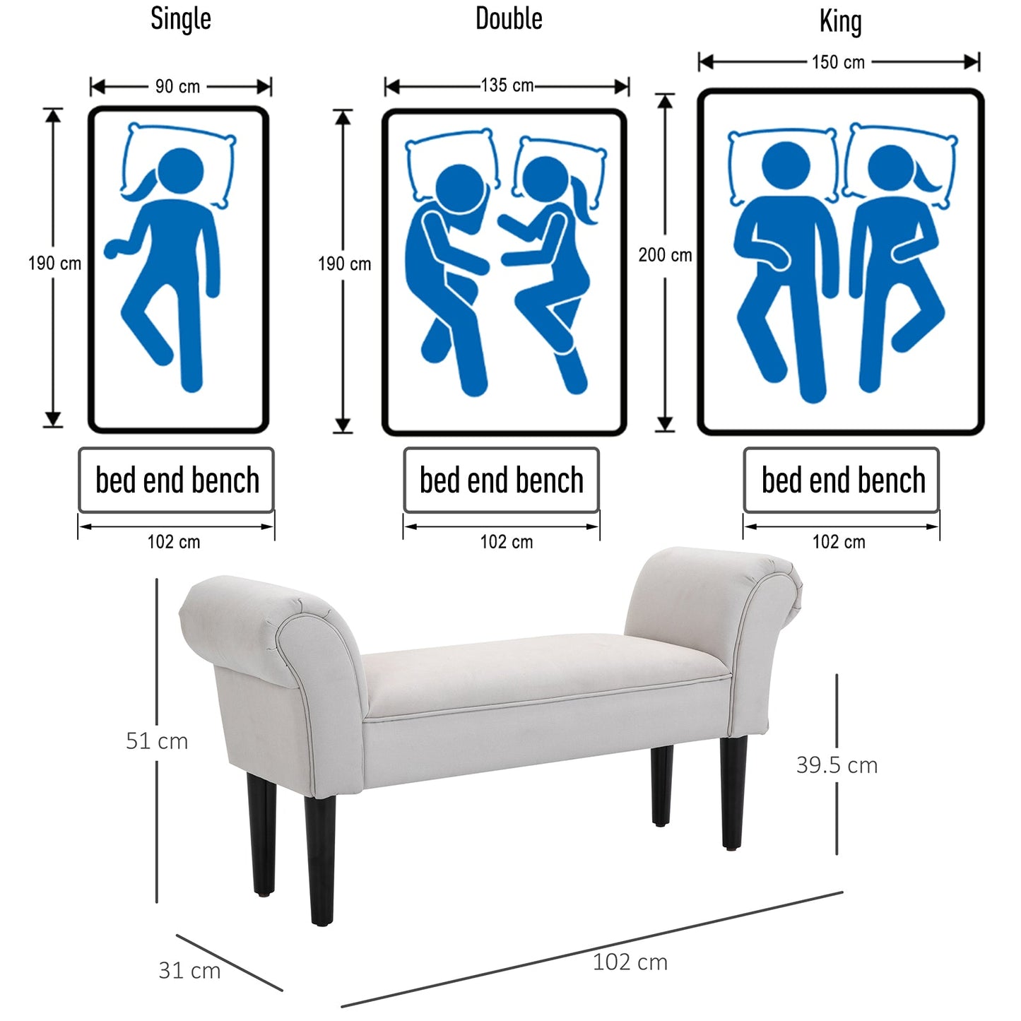 HOMCOM Small Bench, Upholstered Window Seat with Arms and Wooden Legs, Modern Shoe Bench for Entryway, Living Room, Bedroom, Greyish White