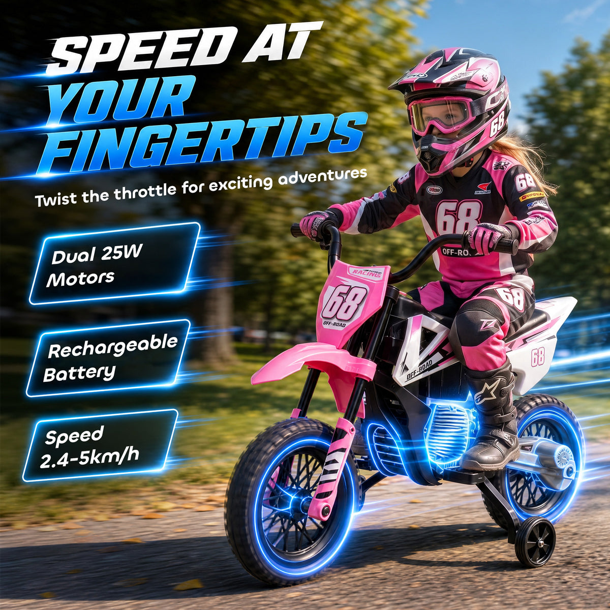 AIYAPLAY Kids Electric Motorcycle, 12V Ride On Motorbike with Training Wheels, Soft Start, Suspension, Music for 3-6 Years, Pink