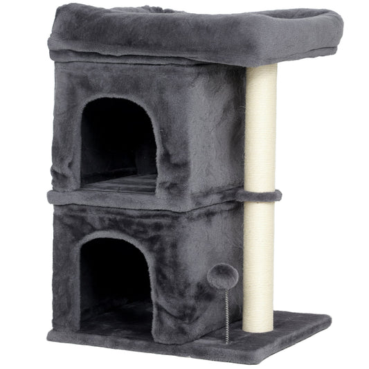 PawHut 66 cm Small Cat Tree for Large Cats, Cat Tower w/ Large Top Perch, 2 Condos, Sisal Scratching Post, Toy Ball, Dark Grey