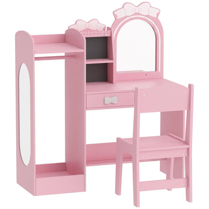 AIYAPLAY Kids Dressing Table, 3-in-1 Kids Vanity Set with Stool, 2-Colour Lights Mirror, Clothes Rack for Ages 3-8, Pink