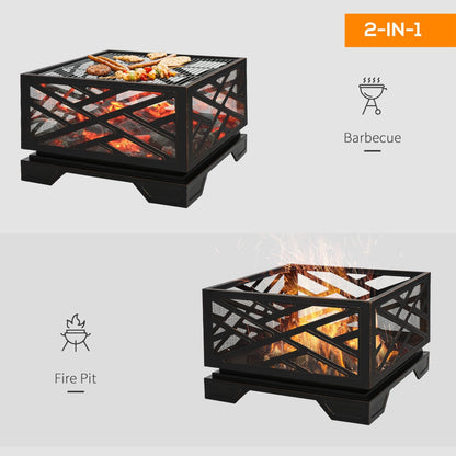 Outsunny 66cm 2 in 1 Square Fire Pit Metal Brazier for Garden, Patio with BBQ Grill Shelf & Spark Screen Cover & Poker, Black