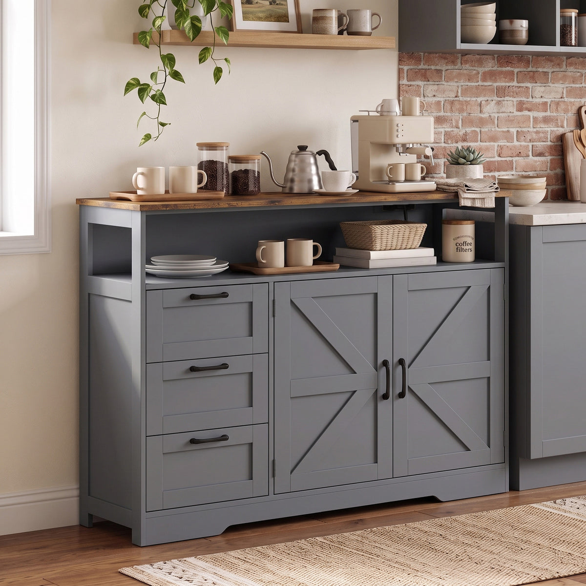 HOMCOM Sideboard Cabinet with Power Outlet, Farmhouse Kitchen Cabinet with 3 Drawers and Open Shelf, Grey