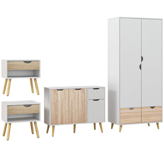 HOMCOM Bedroom Furniture Set, Wardrobe with Hanging Rod, Side Cabinet with Wood Legs, Bedside Table with Drawer, Nature Wood Finish and White