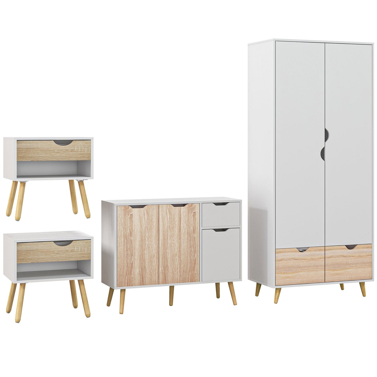 HOMCOM Bedroom Furniture Set, Wardrobe with Hanging Rod, Side Cabinet with Wood Legs, Bedside Table with Drawer, Nature Wood Finish and White