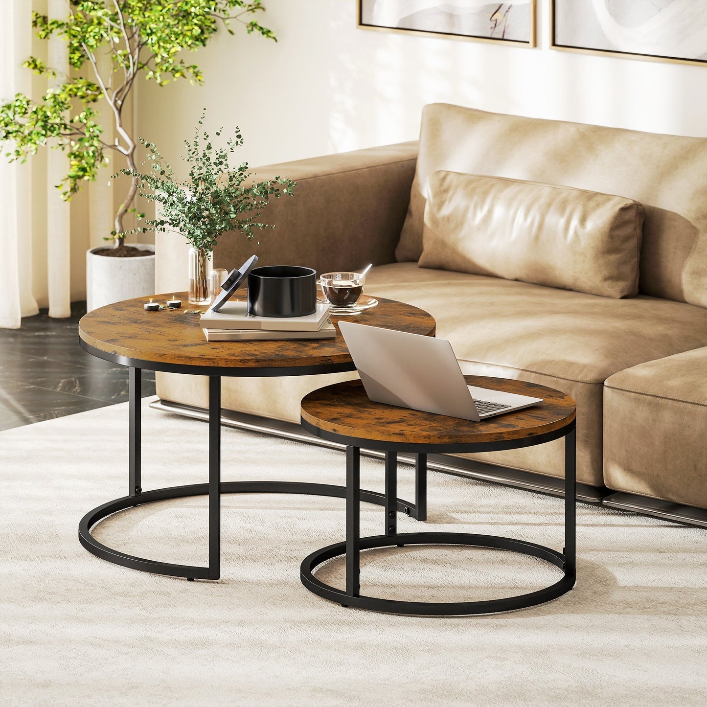 HOMCOM Set of Two Wood-Effect Stacking Tables - Rustic Brown