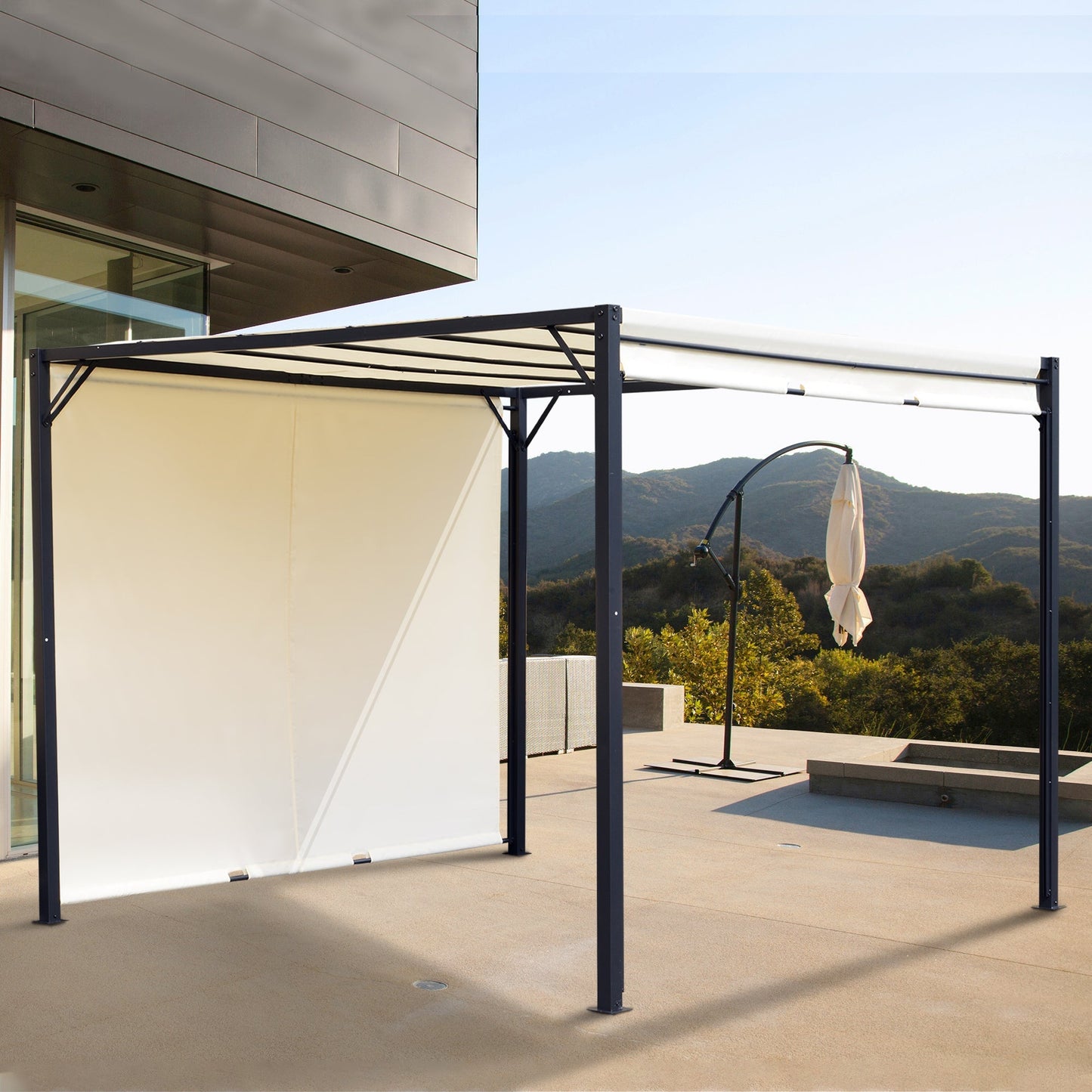 Outsunny Metal Pergola With Canopy Sliding Pergola Canopy 3Lx3Wx2.3H m Garden Gazebo Party Tent Sun Shelter Cover - Cream White/Black
