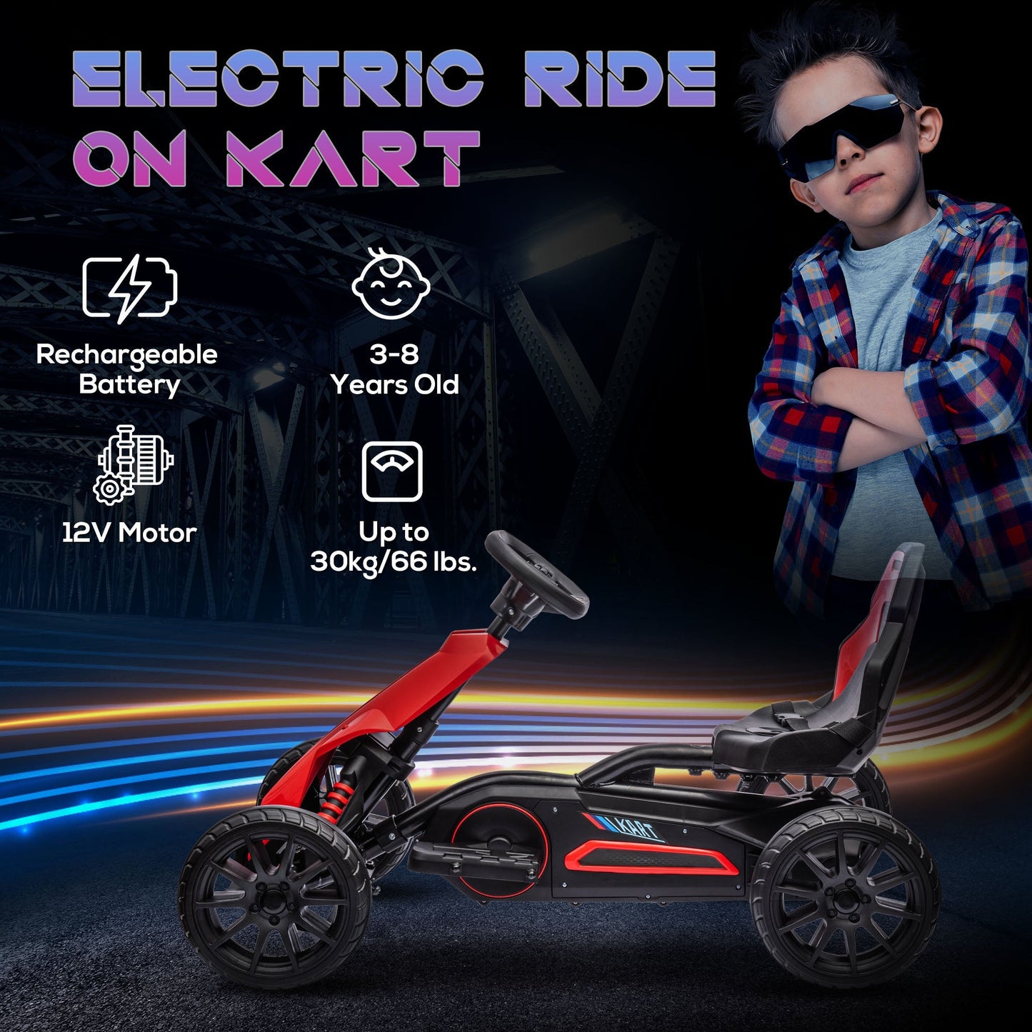 12 Volt Electric Go Kart for Kids, Ride-On Racing Go Kart w/ Forward Reversing, Rechargeable Battery, 2 Speeds, for Kids Aged 3-8, Red