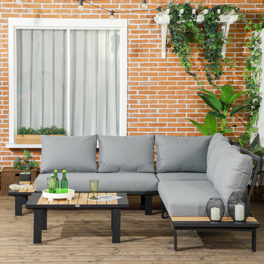Outsunny 4-częściowy aluminiowy zestaw mebli ogrodowych w kształcie litery L, zestaw sof ze stołami, poduszkami do wnętrz, ogrodu, patio, ciemnoszary