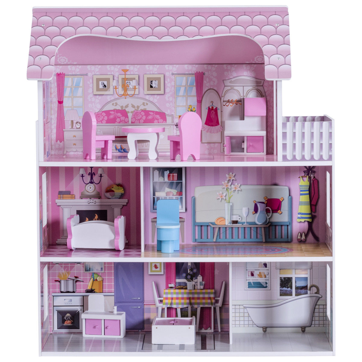 Wooden Dolls House Playset with Furniture and Accessories