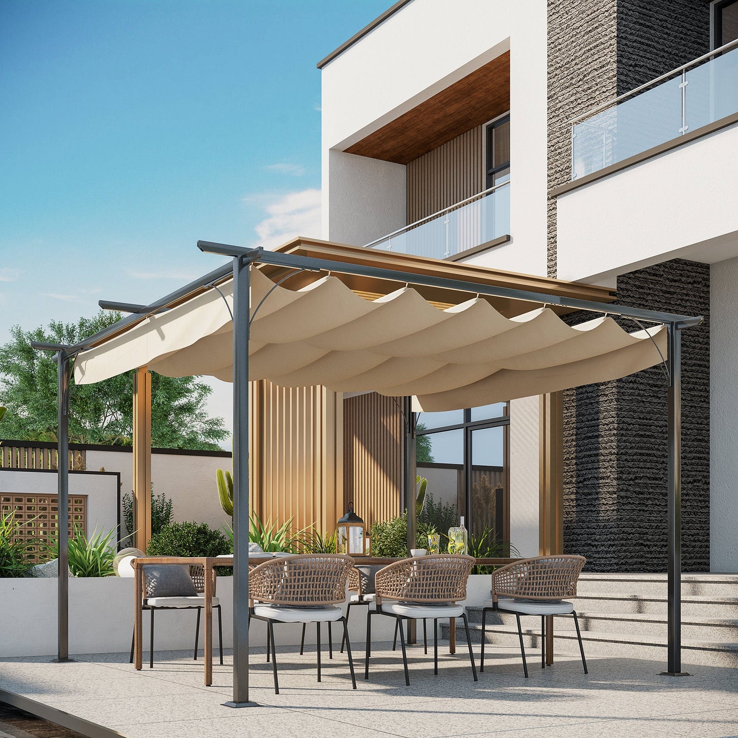 مظلة Outsunny 3.5MX 3.5M معدنية Pergola Gazebo مظلة قابلة للسحب في الهواء الطلق والحديقة والشمس والمأوى وحفلات الشواء، بيج