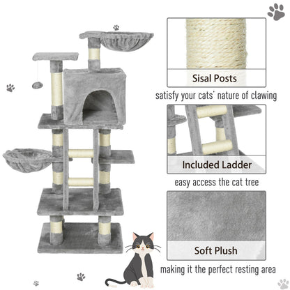 PawHut 1.2m Plush Cat Tree Activity Center with Sisal Scratching Posts Basket Perch Condo, Light Gray