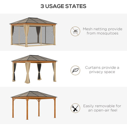 Outsunny 3 x 3.6 m Hardtop Gazebo Canopy with Polycarbonate Roof, Aluminium and Steel Frame, Nettings and Sidewalls for Garden, Patio, Khaki