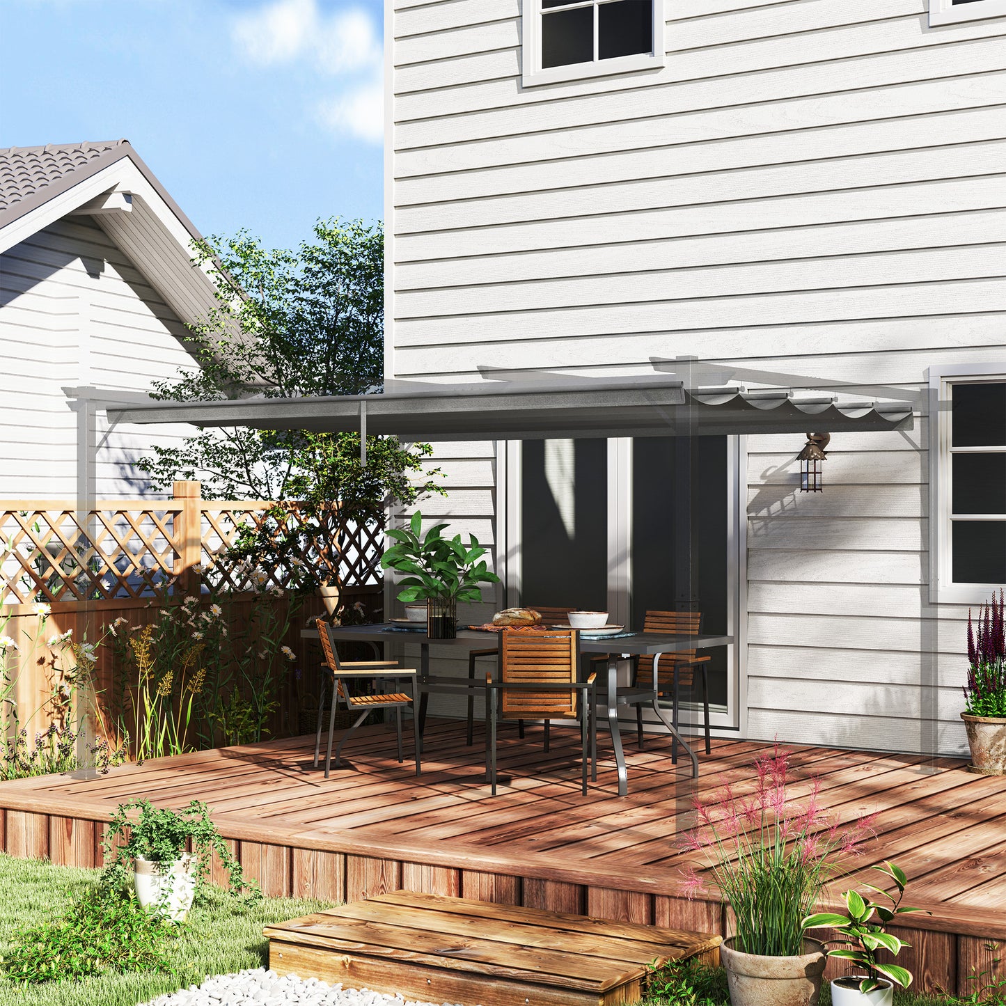 Osłona przeciwsłoneczna Outsunny Retractable Pergola Shade Cover, wymienna osłona do pergoli 4 x 3 (m), dach chowany, jasnoszary