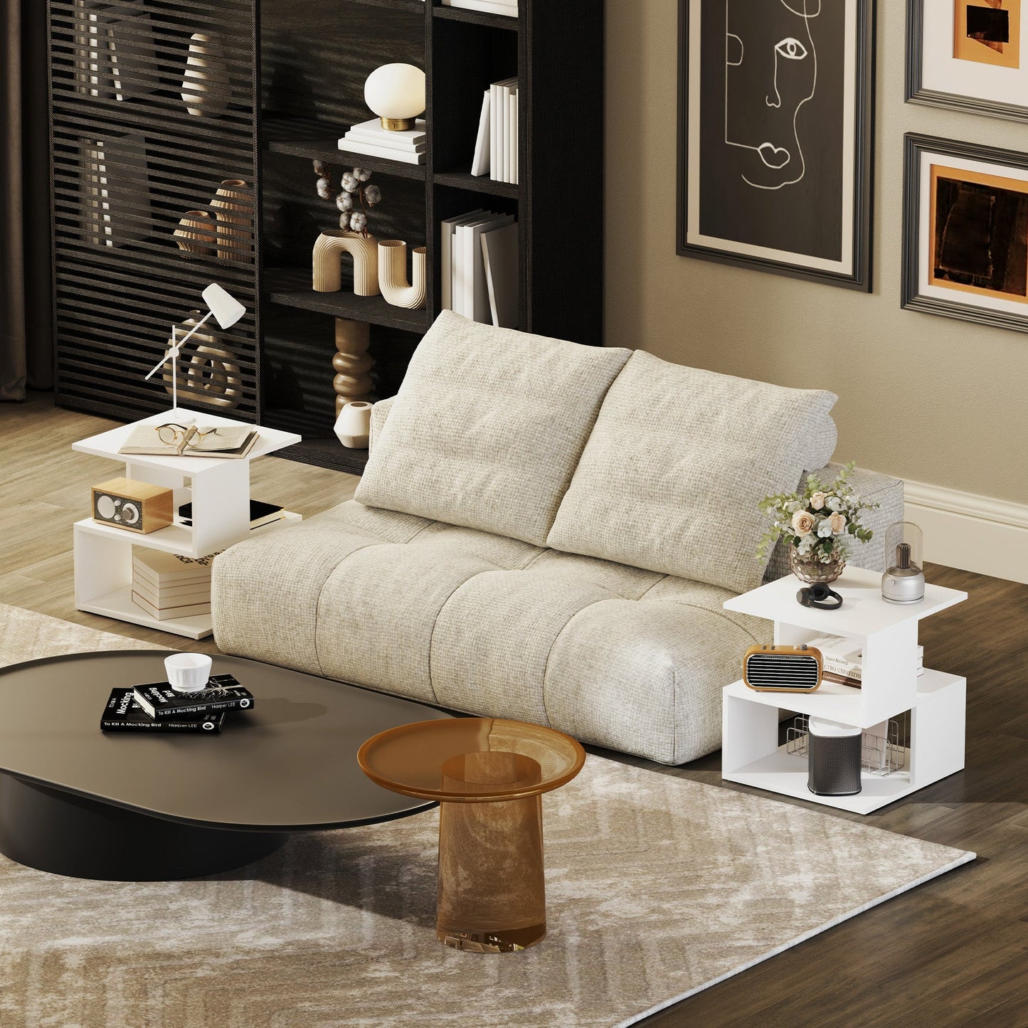 HOMCOM Set of 2 Side Table, Square Coffee Table, Modern End Table with 2 Tier Storage Shelves for Living Room, Bedroom, White