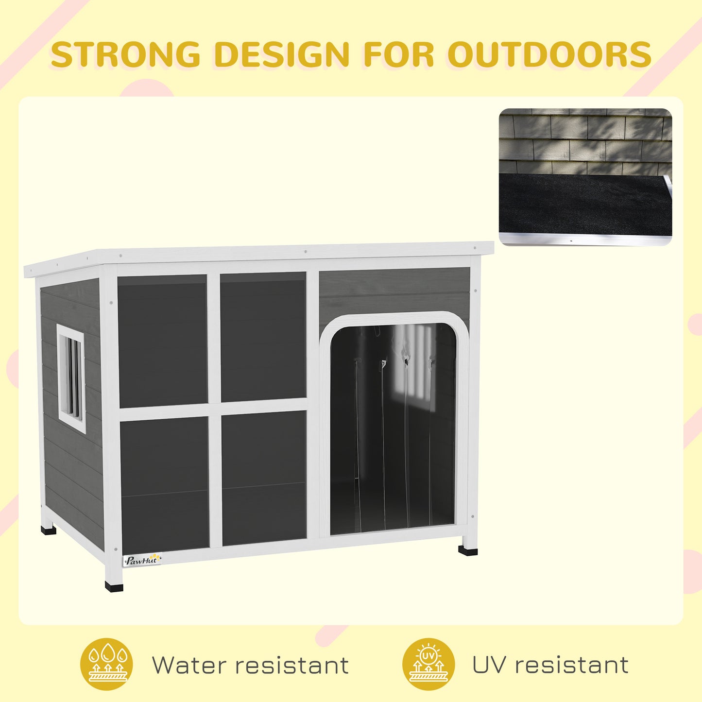 PawHut Wooden Outdoor Dog House, with Asphalt Openable Top, Removable Floor, Clear Front Panel, Curtain, 103 x 77 x 83cm