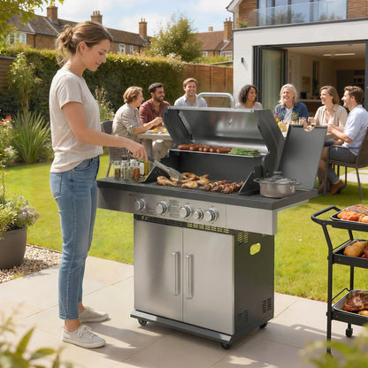 Outsunny 4+1 Burner Gas BBQ Grill, Portable Gas Barbecue Grill with Side Burner, Warming Rack, Side Shelf, Storage Cabinet