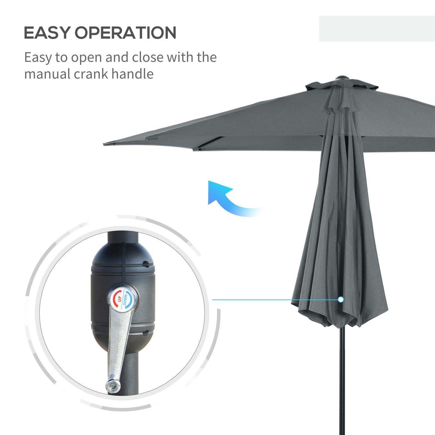 Outsunny 3(m) Tilting Parasol Garden Umbrellas, Outdoor Sun Shade with 8 Ribs, Tilt and Crank Handle for Balcony, Bench, Garden, Dark Grey