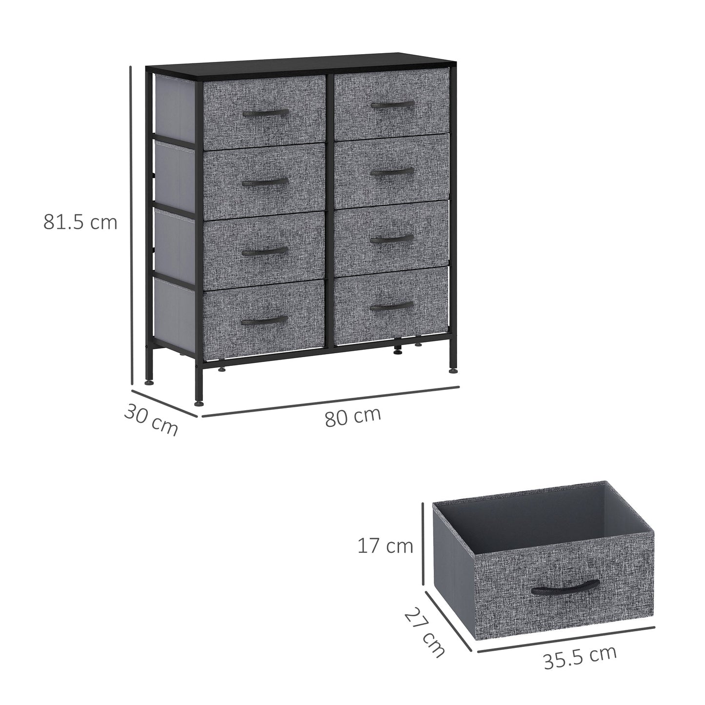 HOMCOM Fabric Chest of Drawers, Industrial Bedroom Dresser with 8 Fabric Drawers, Steel Frame and Wooden Top for Nursery, Living Room, Hallway, Black