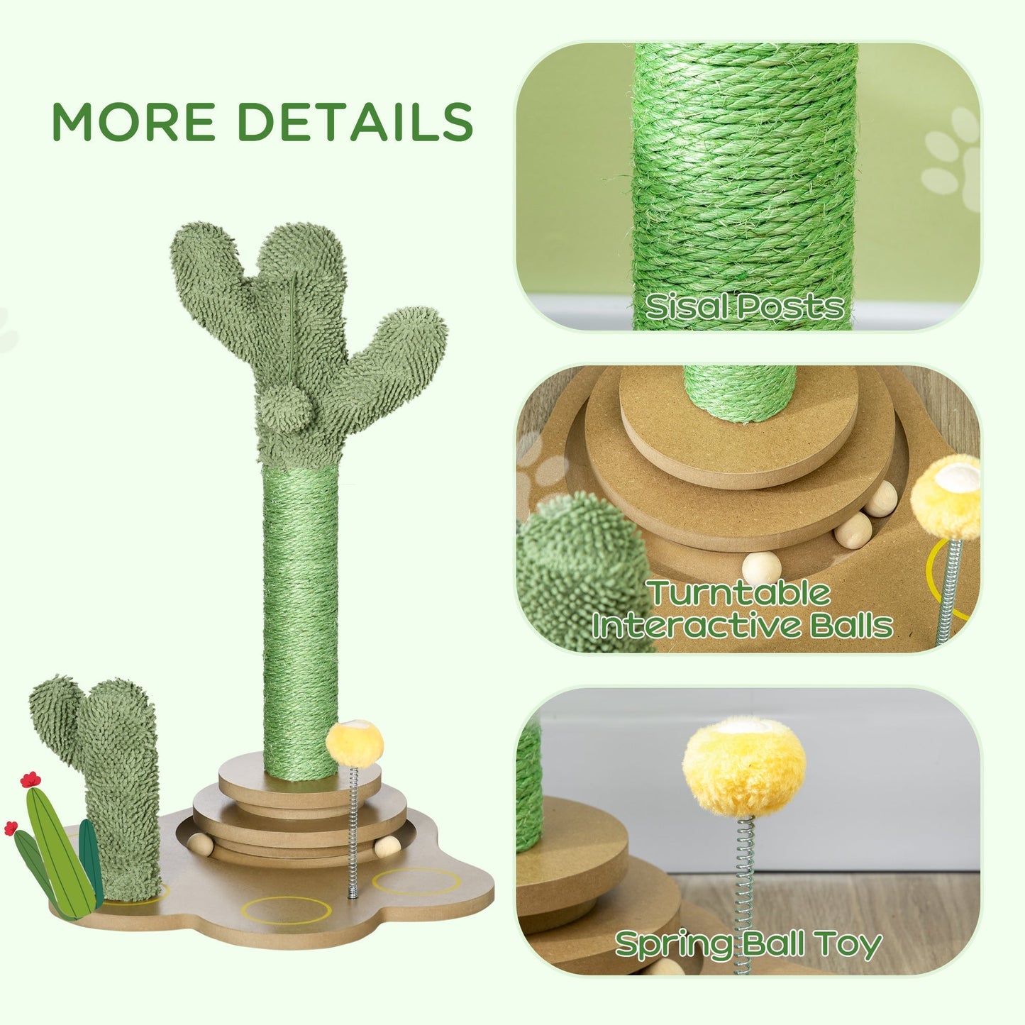 PawHut 60cm Cactus-shaped Cat Tree, Kitty Activity Center with Turntable Interactive Ball Toys, Chenille Cat Tower, Green