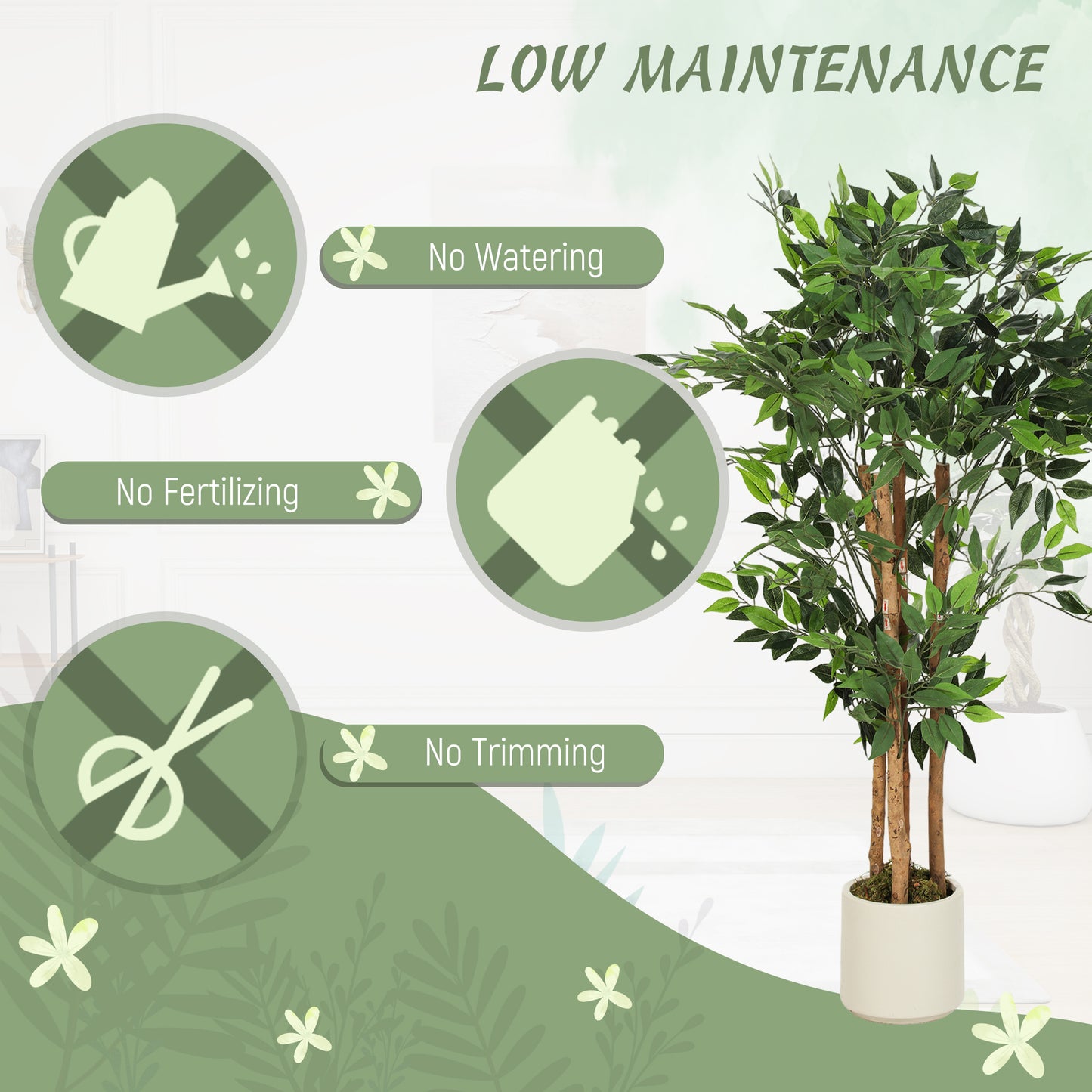 HOMCOM 120cm Artificial Ficus Tree, Fake Potted Tree with Solid Wood Trunk and Pot for Indoor, Green