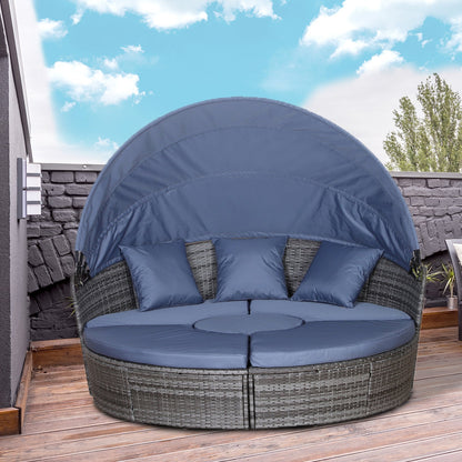 Outsunny PE Rattan Lounge Set, 5 Pieces Patio Conversation Furniture Set, Garden Round Sofa Bed with Cushion and Retractable Canopy, Grey