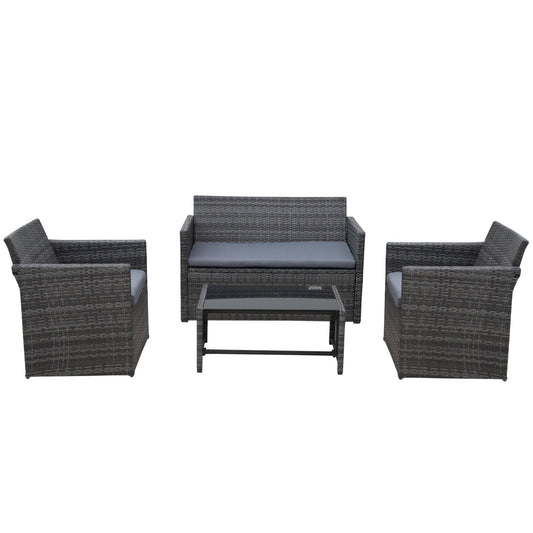 Outsunny 4-Seater Rattan Garden Furniture Sofa Set Outdoor Patio Wicker Weave 2-seater Bench Chairs & Coffee Table, Grey