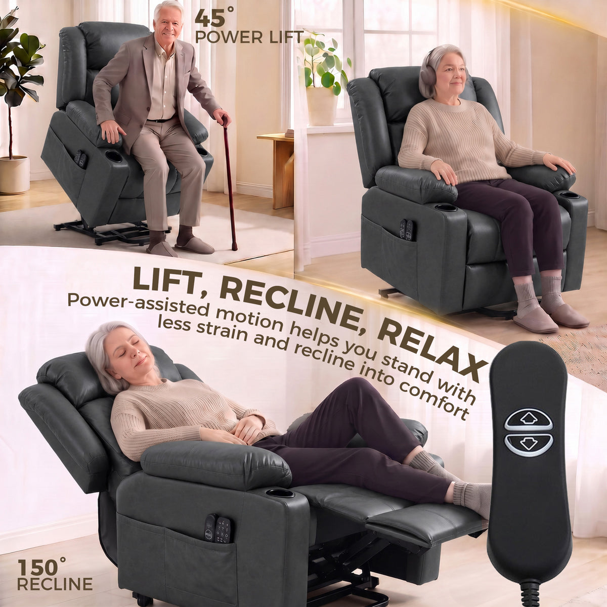 HOMCOM Riser Recliner Chair with Massage and Heat for Elderly, PU Leather Power Electric Lift Armchair, Cup Holders, Dark Grey