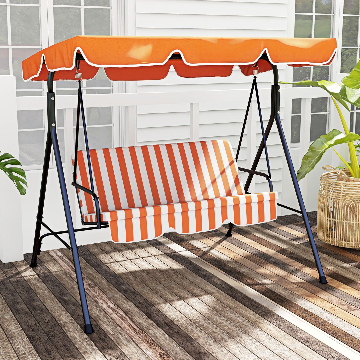 Outsunny 3 Seater Canopy Swing Chair Garden Rocking Bench Heavy Duty Patio Metal Seat w/ Top Roof - Orange