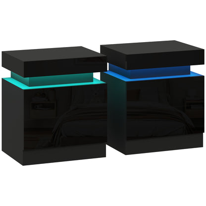 HOMCOM High Gloss Front Bedside Tables Set of 2, Nightstands with RGB LED Light and 2 Drawers, Chest of Drawers for Bedroom, Living Room, Black