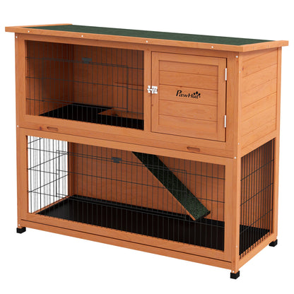 PawHut 2 Tier Antiseptic Wood Rabbit Hutch with Run Outdoor Orange