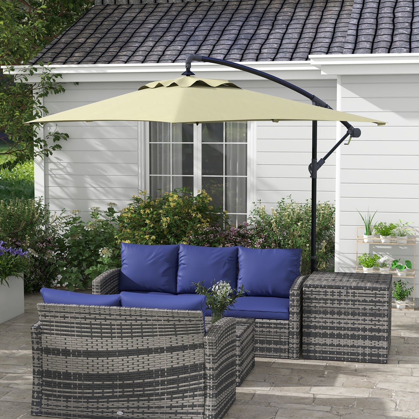 3x2m Cantilever Parasol With Cross Base, Banana Parasol With Crank Handle And 6 Ribs, Rectangular Hanging Patio Umbrella For Outdoors - Beige