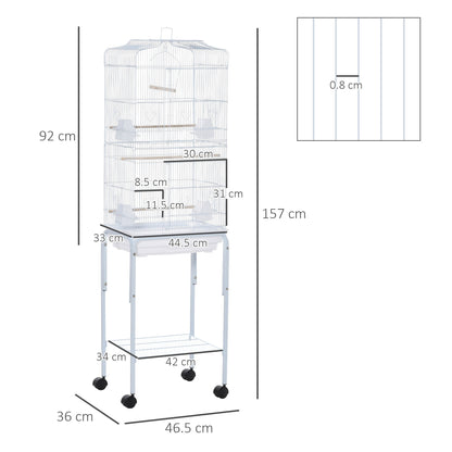 PawHut Bird Cage Budgie Cages for Finch Canary Parakeet with Stand Wheels Slide-out Tray Accessories Storage Shelf, White 46.5 x 36 x 157 cm