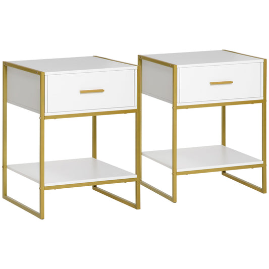 HOMCOM Modern Bedside Table, Nightstand with Drawer Shelf, Side Table for Living room, Bedroom White and Gold, Set of 2