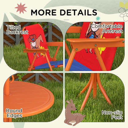 Outsunny Kids Picnic Table and Chair Set Cowboy Themed Outdoor Garden Furniture w/ Foldable Chairs, Adjustable Parasol