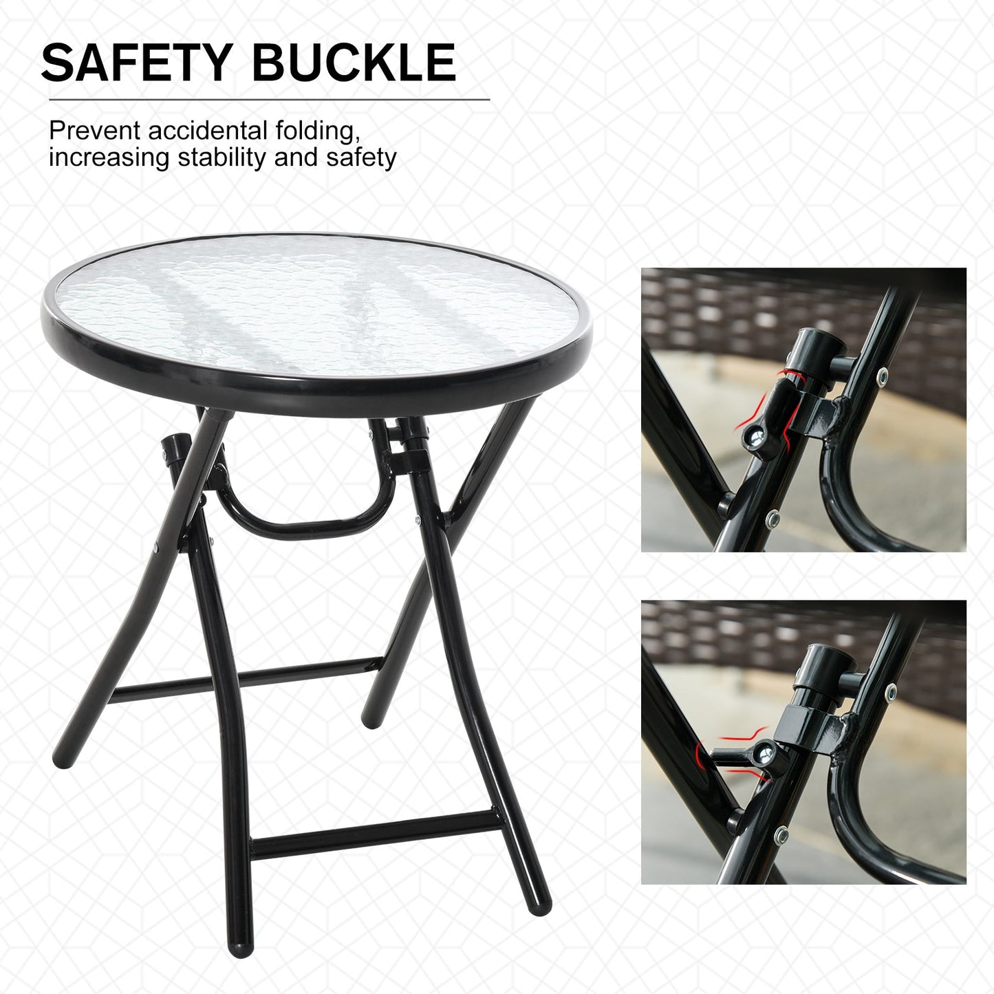 Outsunny Foldable Garden Table, Round Folding Table with Glass Tabletop and Safety Buckle for Patio, Garden, Outdoor, Indoor, Black