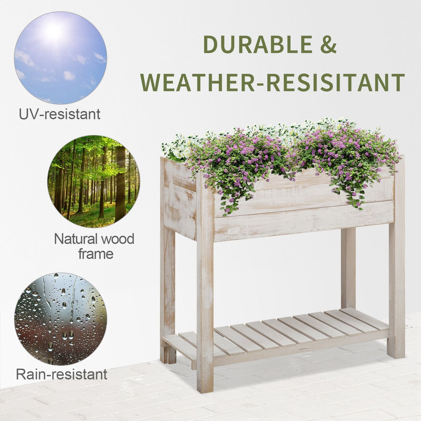 Outsunny Garden Wooden Planter Raised Garden Bed Elevated Grow Box with 2 tiers, 4 Pockets for Vegetable Flower Herb Gardening Backyard Patio, White