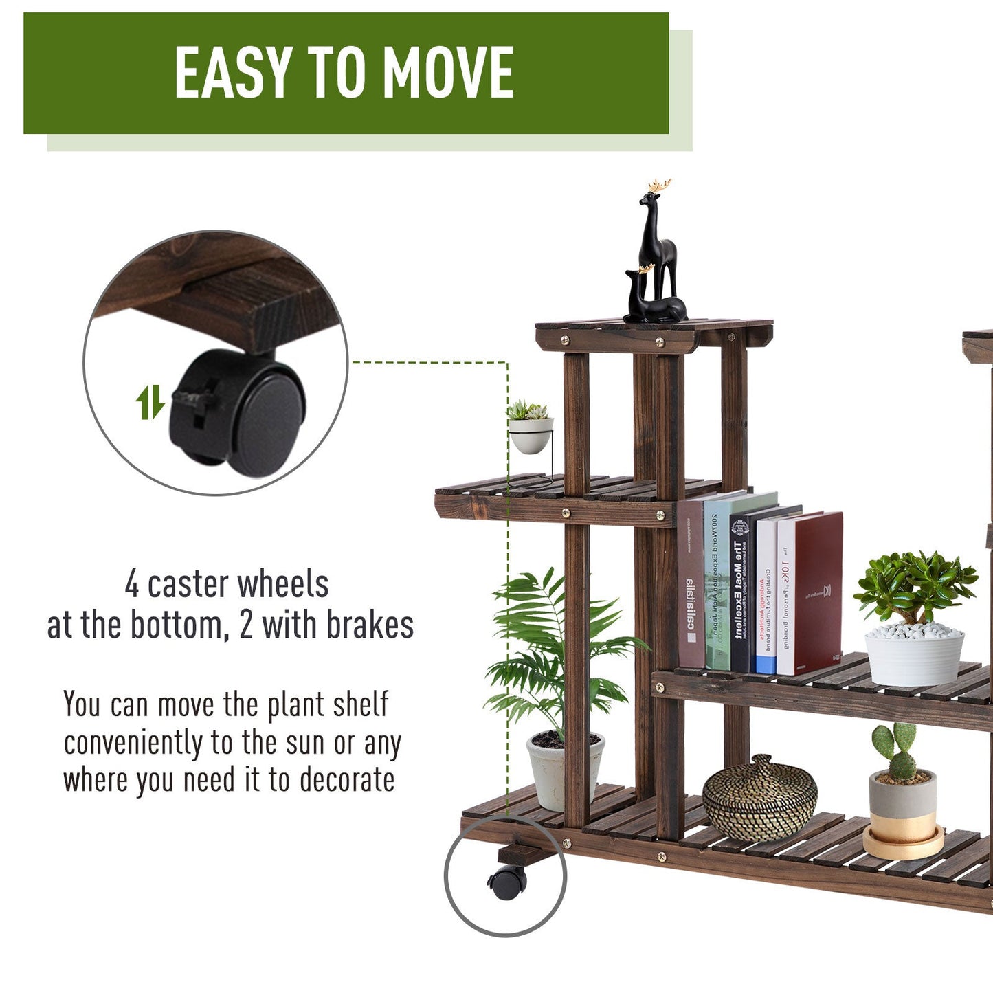 Outsunny 4-Tier Floor-standing Flower Rack Wood Plant Stand For Indoor & Outdoor Garden Balcony w/ Wheels & Handle 123.5L x 33W x 80H cm, 8 Pots