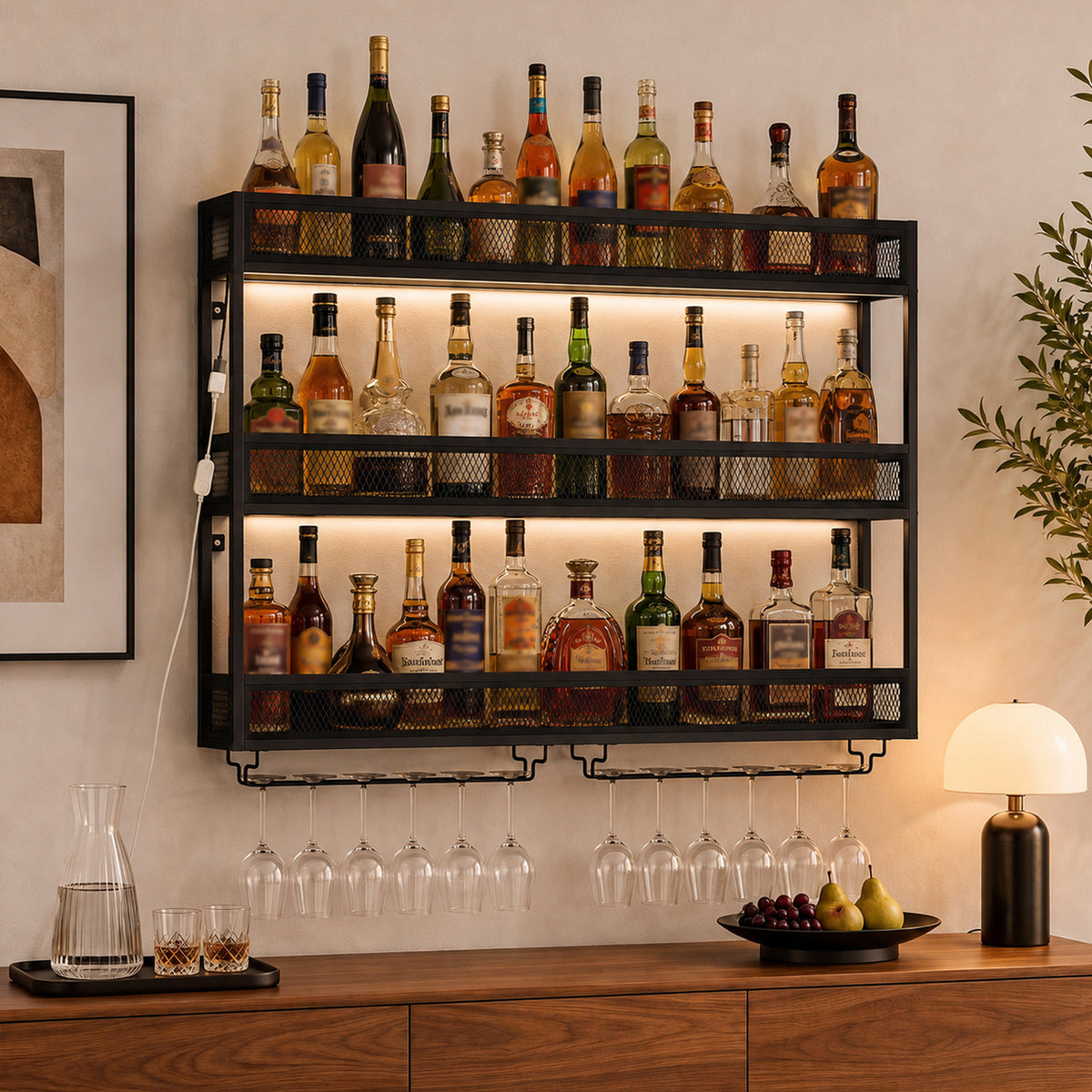 HOMCOM Wall-Mounted Wine Rack with LED Lights, Glass Holders, Open Shelf, Metal Storage Rack, Black