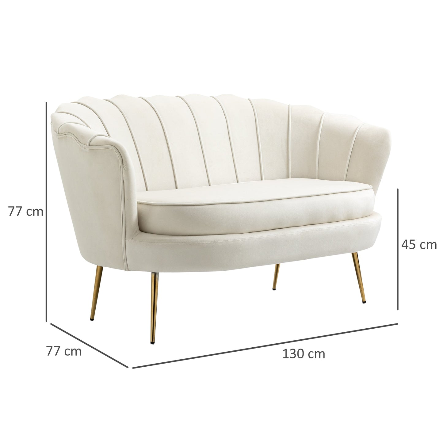 2 Seater Sofa, Modern Velvet Loveseat Sofa, Fabric Small Couch with Petal Backrest and Gold Steel Legs for Living Room, Bedroom, Cream