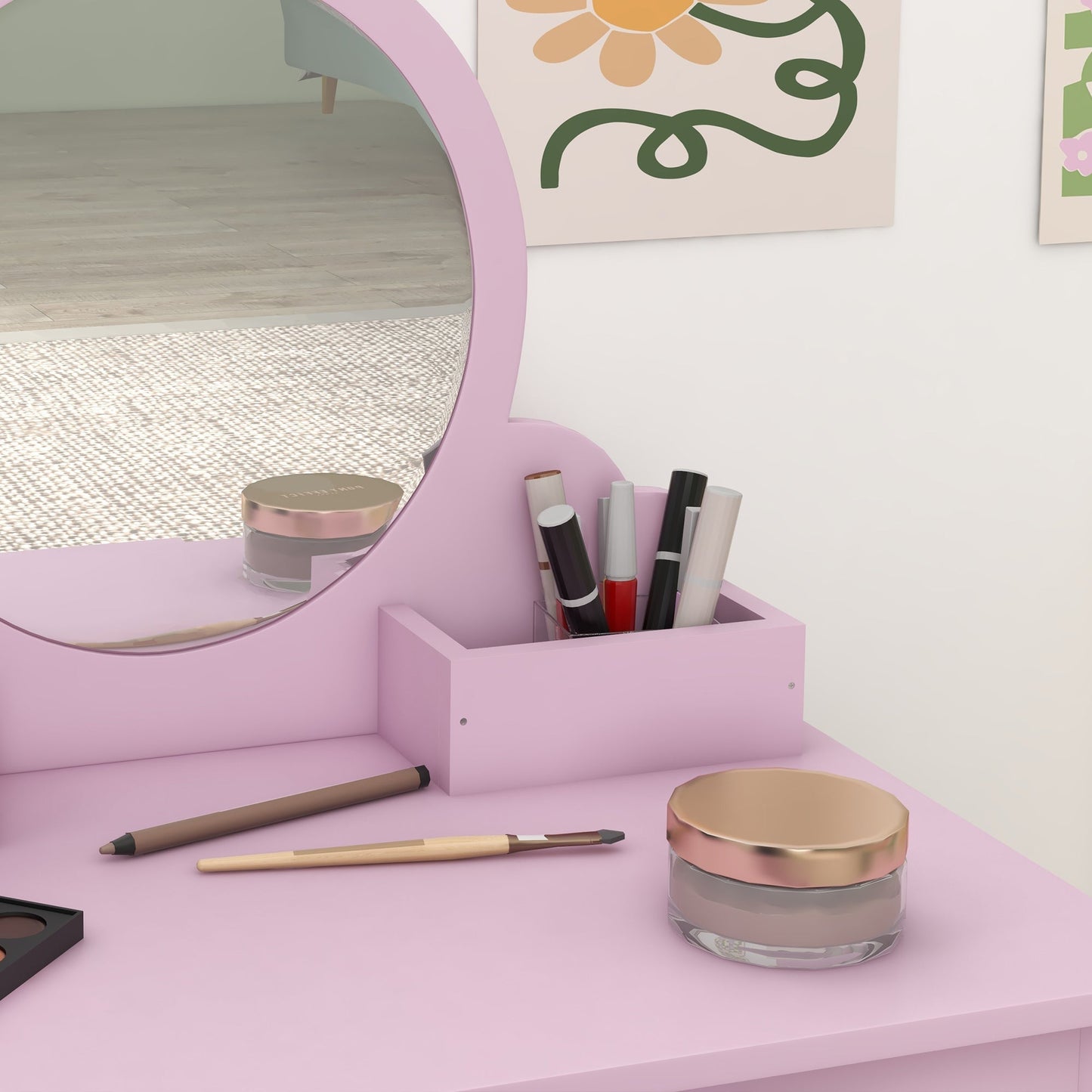 ZONEKIZ Kids Vanity Table with Mirror and Stool, Cat Design, Drawer, Storage Boxes, for 3-6 Years Old - Pink