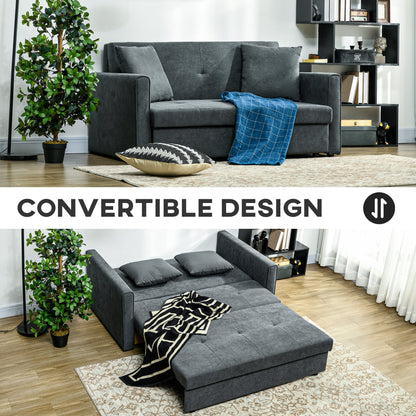 Sofa dwuosobowa HOMCOM z funkcją spania, rozkładana sofa, nowoczesna sofa dwuosobowa z materiału z 2 poduszkami, ukryty schowek do salonu lub pokoju gościnnego, ciemnoszary