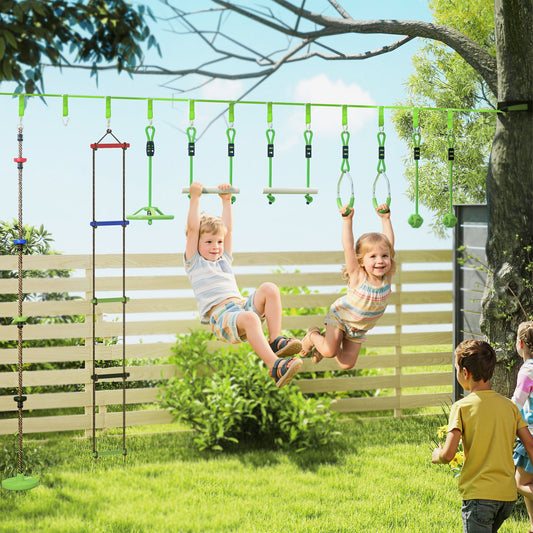 Tor przeszkód AIYAPLAY dla dzieci z 10-częściowym zestawem do slackline z drążkami, kółkami gimnastycznymi, drabinką linową, huśtawką-gniazdem i wiszącą tacką
