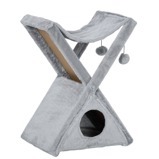 PawHut Two Tier Cat Tree for Indoor Cats Play Rest Activity Tower Plush Folding Relax Center w/ Scratching Post Hammock Pom Poms Grey