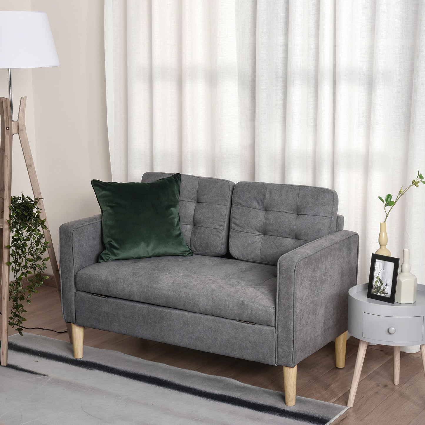 HOMCOM Nowoczesna 2-osobowa sofa z ukrytym schowkiem, 117 cm pikowana bawełniana kanapa z drewnianymi nogami, kompaktowa sofa dwuosobowa do salonu, kuchni, szara