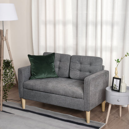 HOMCOM Nowoczesna 2-osobowa sofa z ukrytym schowkiem, 117 cm pikowana bawełniana kanapa z drewnianymi nogami, kompaktowa sofa dwuosobowa do salonu, kuchni, szara