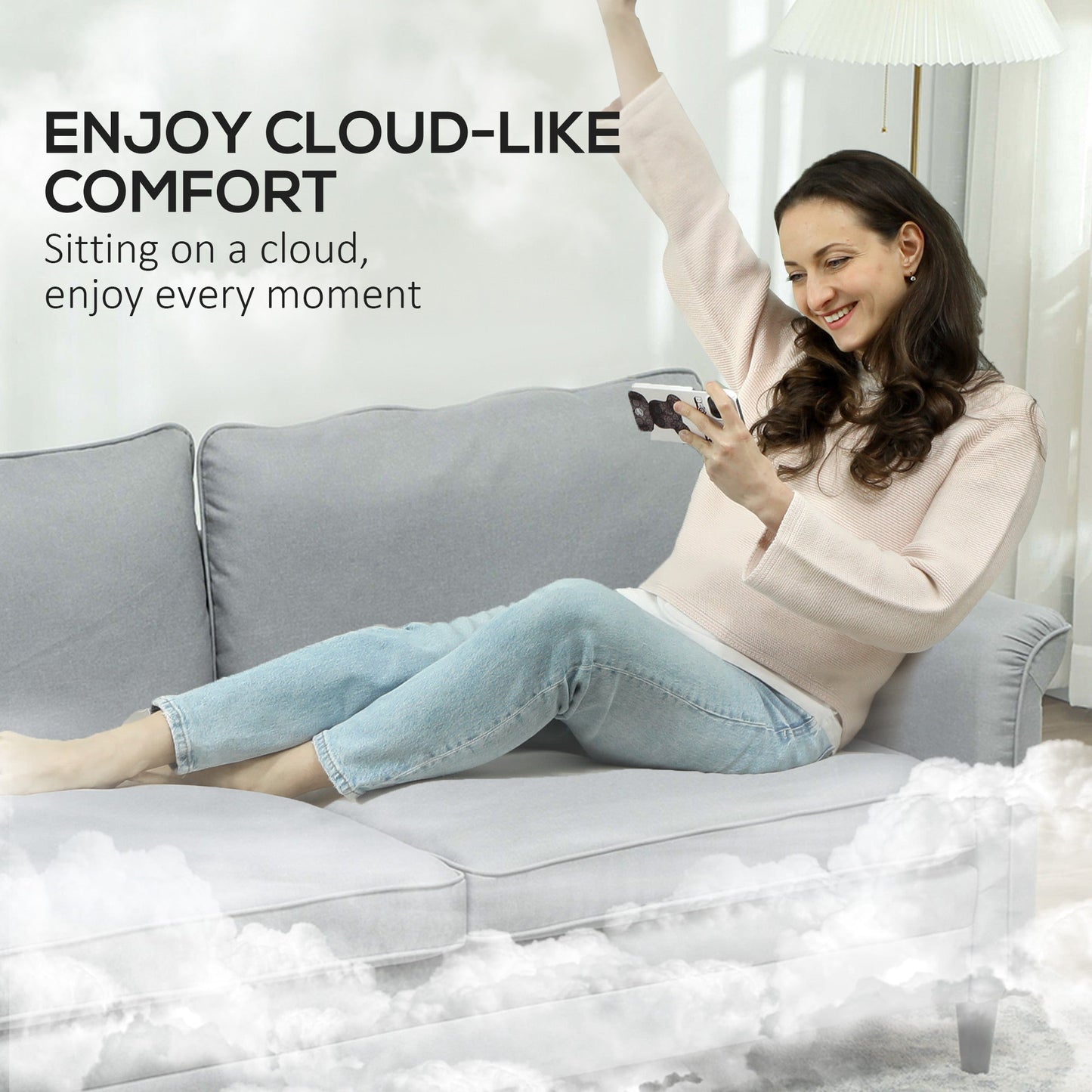 HOMCOM 3 Seater Sofa, Modern Fabric Sofa Couch with Spring Cushion, Rubber Wood Legs, 191cm Upholstered Settee for Living Room, Bedroom, Home Office, Guest Room, Grey