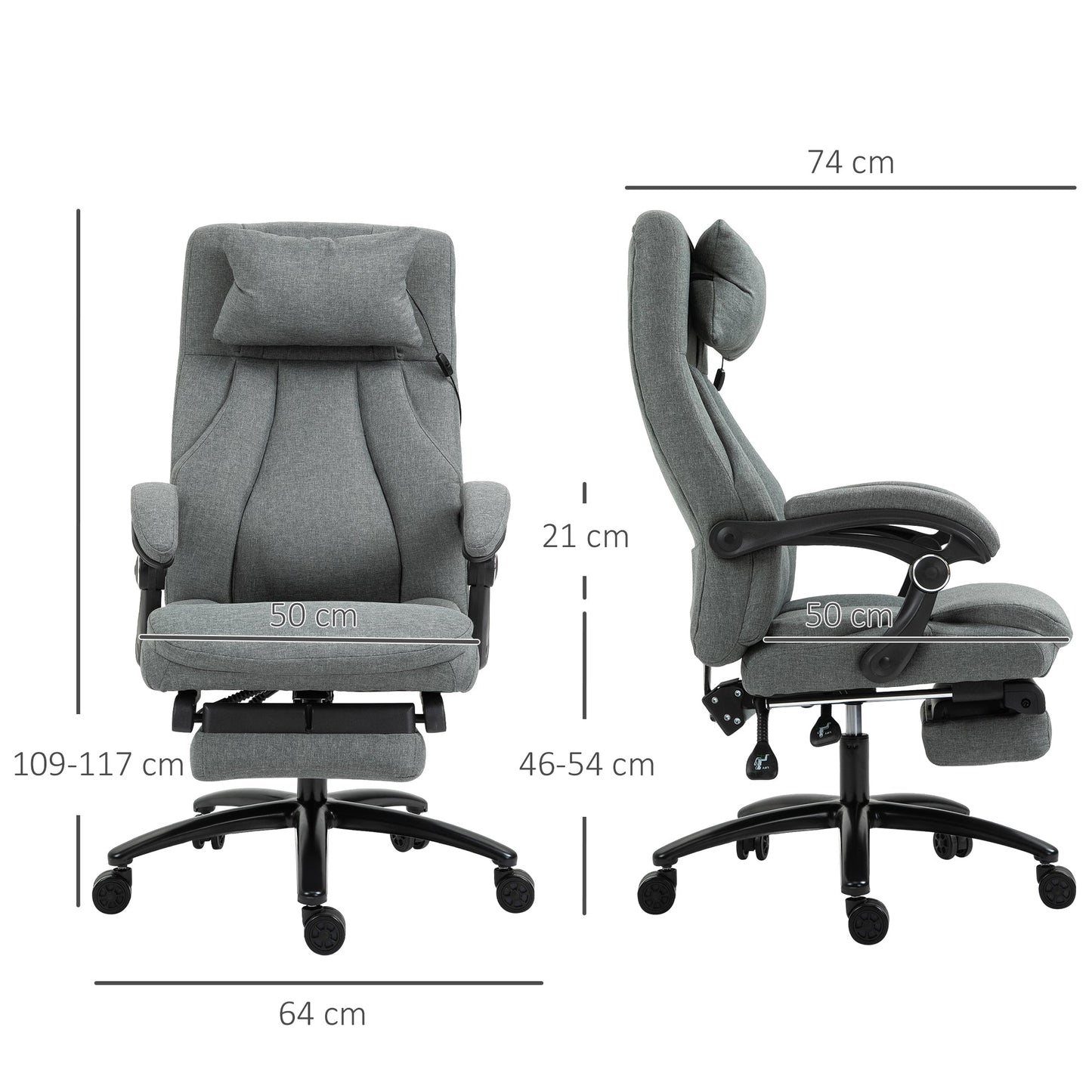 Vinsetto Office Chair, Fabric Desk Chair with Adjustable Massage Pillow, USB Power and Retractable Footrest, High Back, 360 Swivel, for Home, Grey