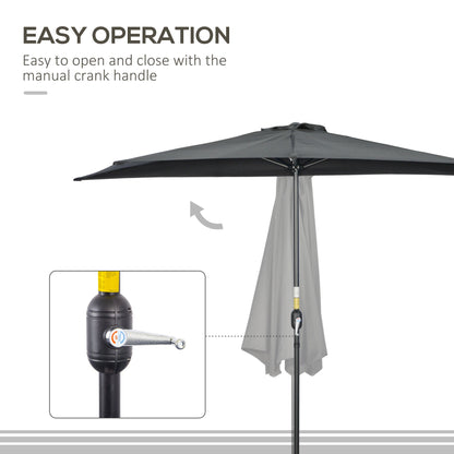 Outsunny 3(m) Half Parasol, Semi Round Umbrella with Metal Frame, Crank Handle for Balcony, Garden, Black