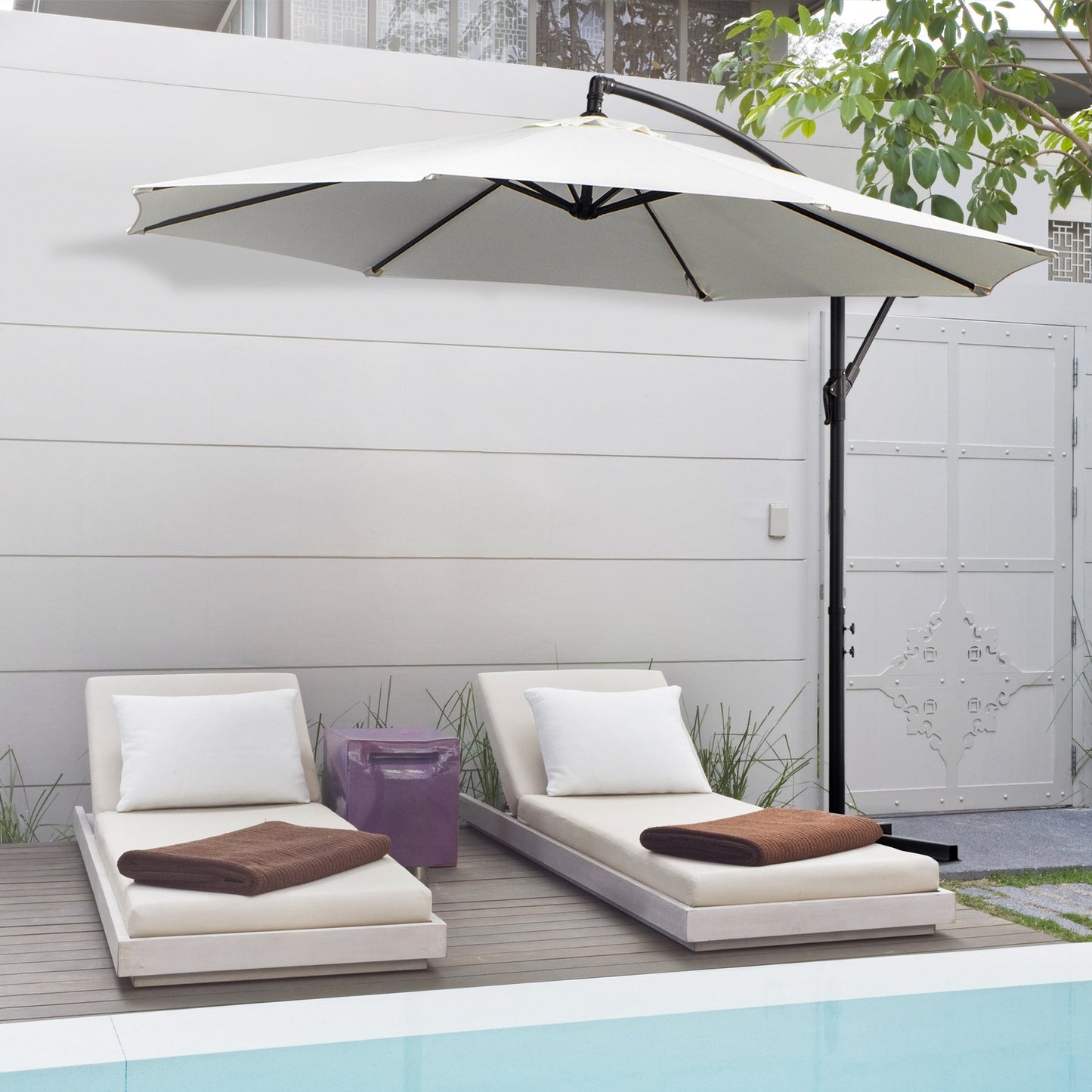 Outsunny 3(m) Garden Banana Parasol Hanging Cantilever Umbrella with Crank Handle, 8 Ribs and Cross Base for Outdoor, Sun Shade, Cream White